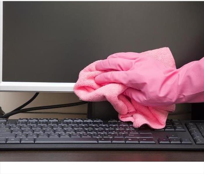 Alt Image Tag: hand with a pink glove wiping a computer monitor with a pink rag
