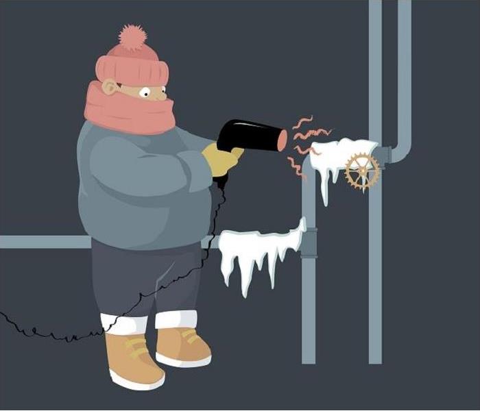 drawing of person in warm clothing using hair dryer to thaw frozen pipes
